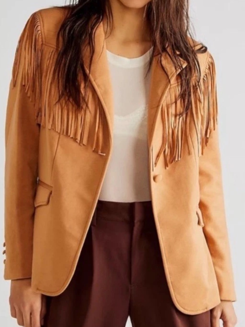 Blanknyc Free Bird Show Stopper Fringe Blazer Jacket Brown Relaxed Fit